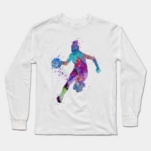 Girl Basketball Watercolor Painting Art Print Gifts Long Sleeve T-Shirt